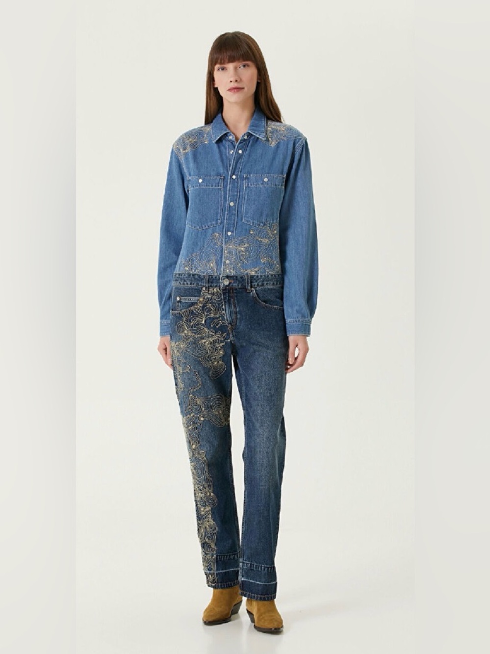 Isabel Marant Imane Embroidered Denim Jumpsuit Size FR 34 (US 2) - Picture 2 of 16